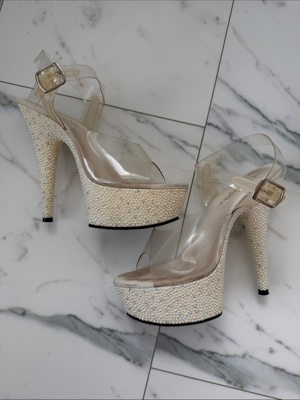 Pleaser Pearlize 708 7” Platform Heels with Clear Straps